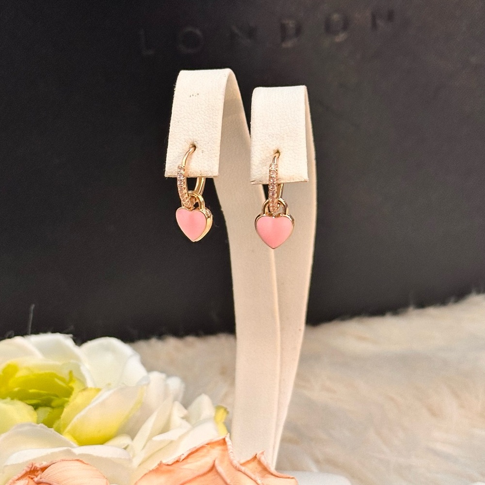 Pink Heart Enamel and Gold Charm Hoop Earrings NEW!